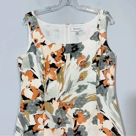 ST JOHN Collection Silk Floral Print Sheath Dress 10 Square Boat Neck Sleeveless