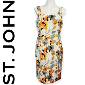 ST JOHN Collection Silk Floral Print Sheath Dress 10 Square Boat Neck Sleeveless
