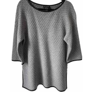 St. John  Knit 3/4 Sleeve Tunic Gray Sweater w/Black Leather Trim Size Medium