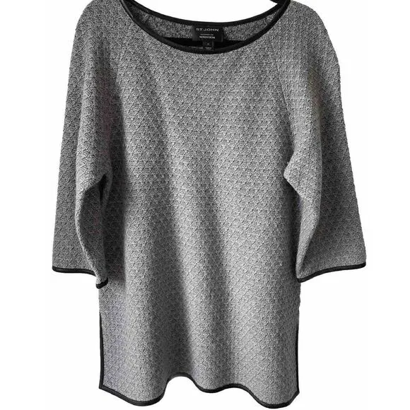 St. John  Knit 3/4 Sleeve Tunic Gray Sweater w/Black Leather Trim Size Medium
