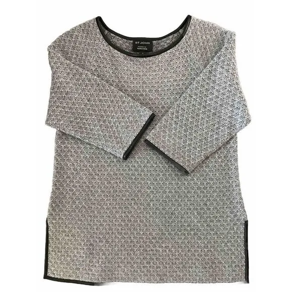 St. John  Knit 3/4 Sleeve Tunic Gray Sweater w/Black Leather Trim Size Medium