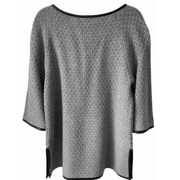 St. John  Knit 3/4 Sleeve Tunic Gray Sweater w/Black Leather Trim Size Medium