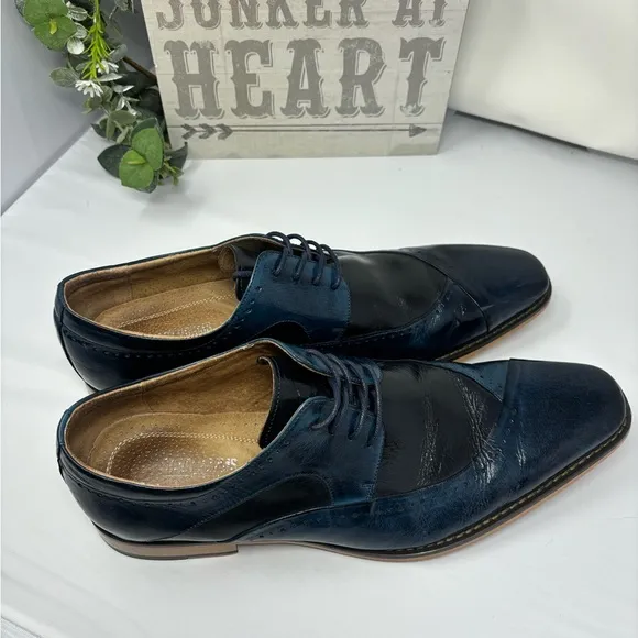 Stacy Adams Navy Blue Leather Lace Up Oxford Dress Shoes Mens 14M Two Tone Blue