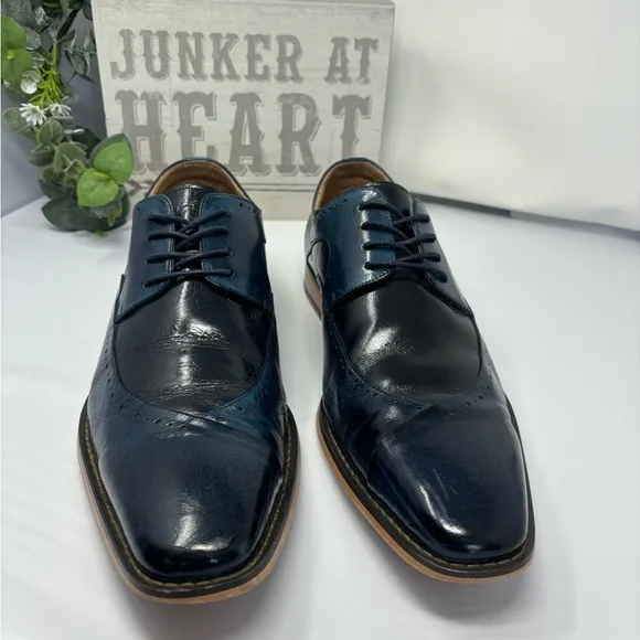 Stacy Adams Navy Blue Leather Lace Up Oxford Dress Shoes Mens 14M Two Tone Blue