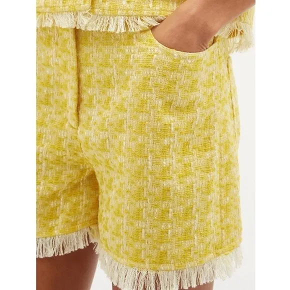 STAUD Yellow Boucle Tweed Plaid High Rise Fringe Trim Hem Lightweight Shorts 00