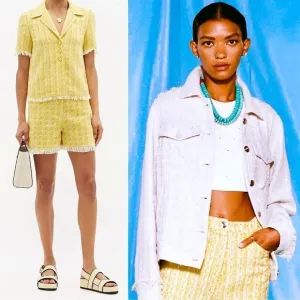 STAUD Yellow Boucle Tweed Plaid High Rise Fringe Trim Hem Lightweight Shorts 00