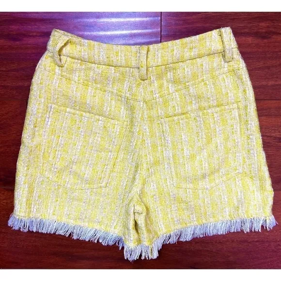 STAUD Yellow Boucle Tweed Plaid High Rise Fringe Trim Hem Lightweight Shorts 00