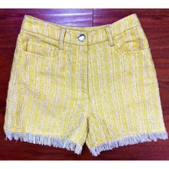 STAUD Yellow Boucle Tweed Plaid High Rise Fringe Trim Hem Lightweight Shorts 00