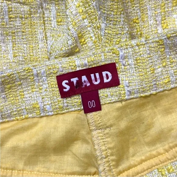 STAUD Yellow Boucle Tweed Plaid High Rise Fringe Trim Hem Lightweight Shorts 00