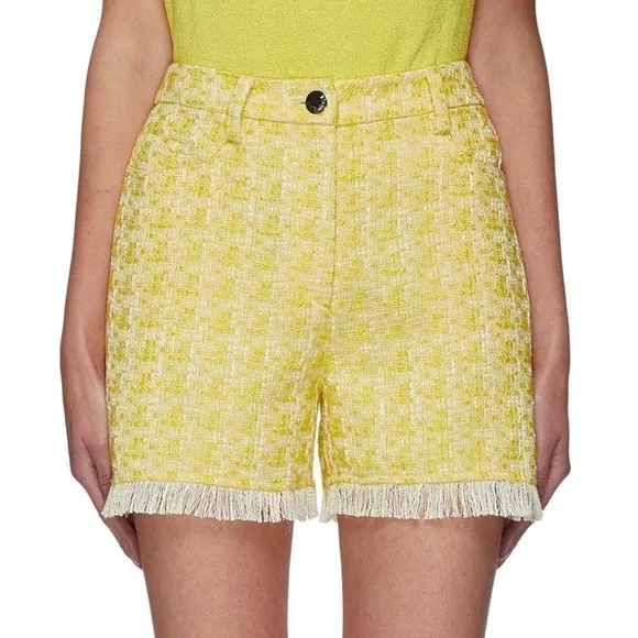 STAUD Yellow Boucle Tweed Plaid High Rise Fringe Trim Hem Lightweight Shorts 00