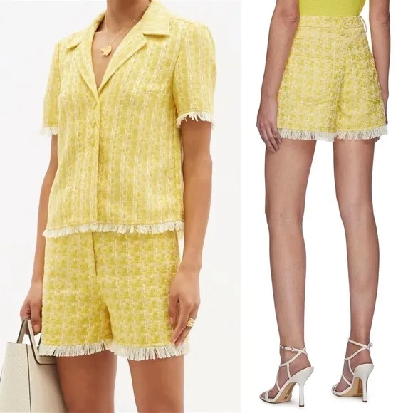 STAUD Yellow Boucle Tweed Plaid High Rise Fringe Trim Hem Lightweight Shorts 00