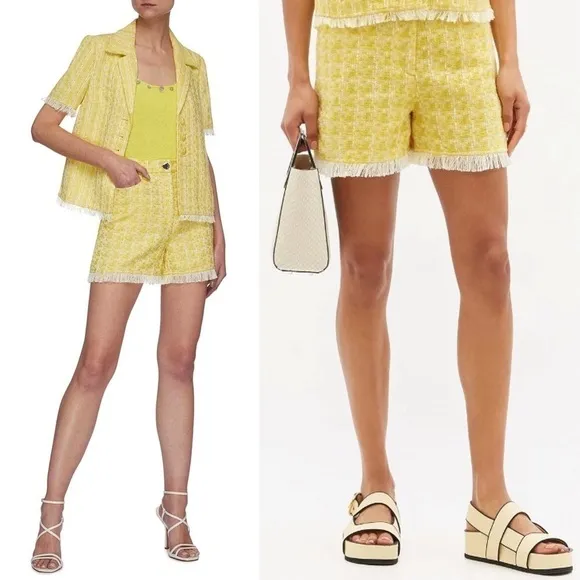 STAUD Yellow Boucle Tweed Plaid High Rise Fringe Trim Hem Lightweight Shorts 00