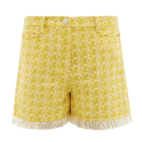 STAUD Yellow Boucle Tweed Plaid High Rise Fringe Trim Hem Lightweight Shorts 00