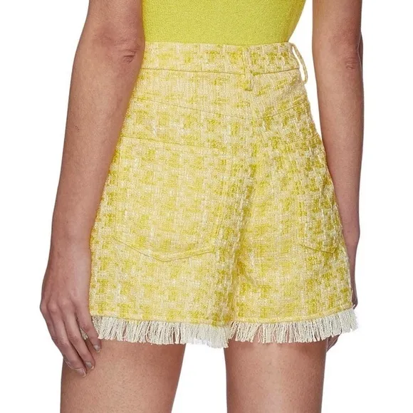 STAUD Yellow Boucle Tweed Plaid High Rise Fringe Trim Hem Lightweight Shorts 00