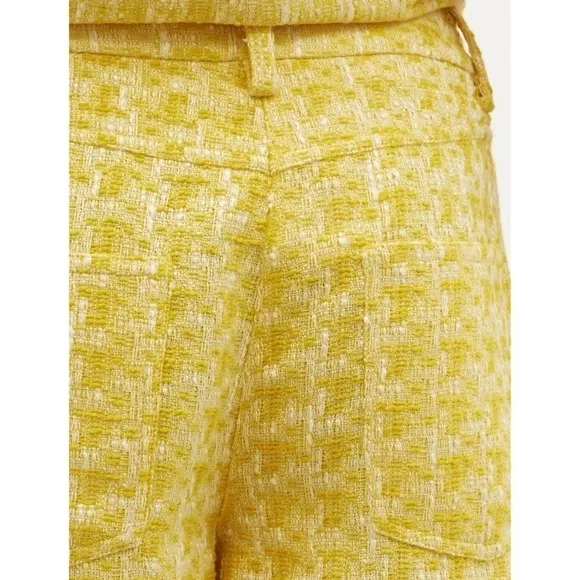 STAUD Yellow Boucle Tweed Plaid High Rise Fringe Trim Hem Lightweight Shorts 00