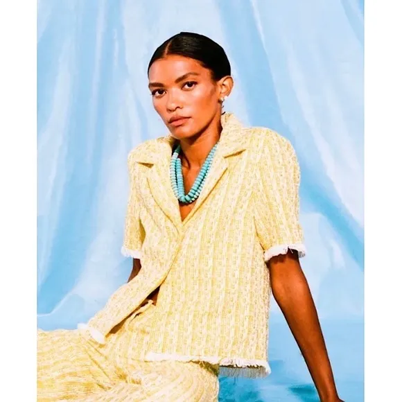 STAUD Yellow Boucle Tweed Plaid High Rise Fringe Trim Hem Lightweight Shorts 00