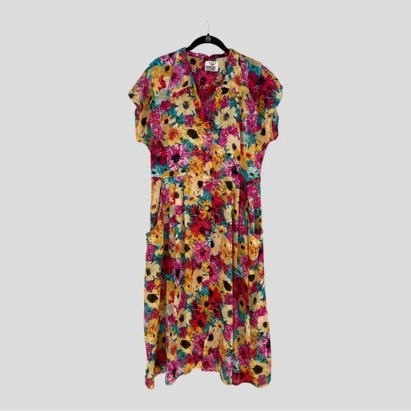 Stella Dottir Summer Floral Print Semi-Sheer Button-Down Midi Dress Size 8