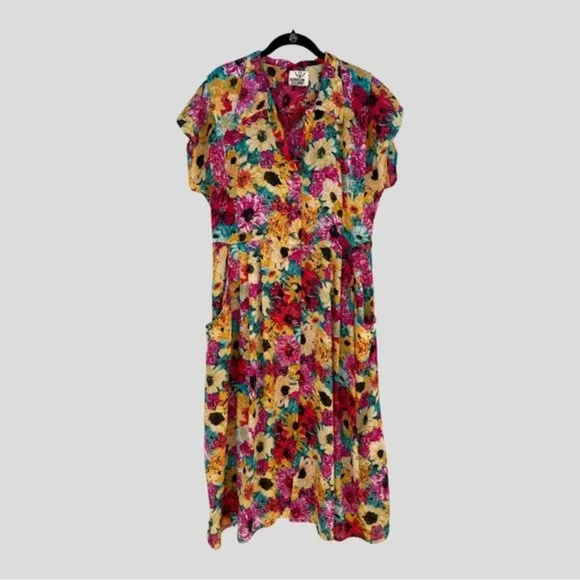 Stella Dottir Summer Floral Print Semi-Sheer Button-Down Midi Dress Size 8