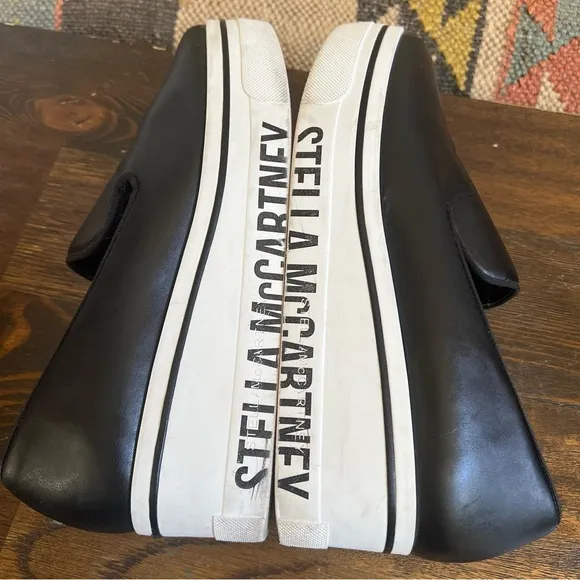 Stella McCartney Black Leather Platform Wedges Logo On Sides EU38 (fits like 7)