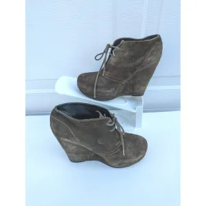 Steve Madden Annie Suede Platform Wedges Olive Green Leather Boots Lace Up 7.5