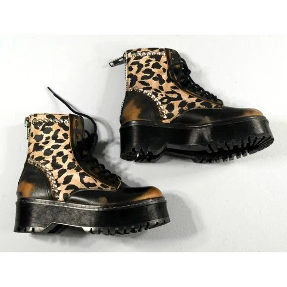 Steve Madden Avenger Studded Leopard Leather Platform Combat Boots W Size 6 EUC