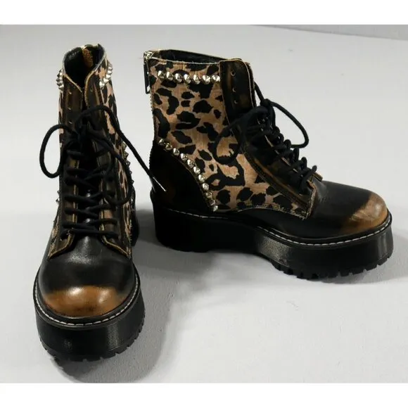 Steve Madden Avenger Studded Leopard Leather Platform Combat Boots W Size 6 EUC
