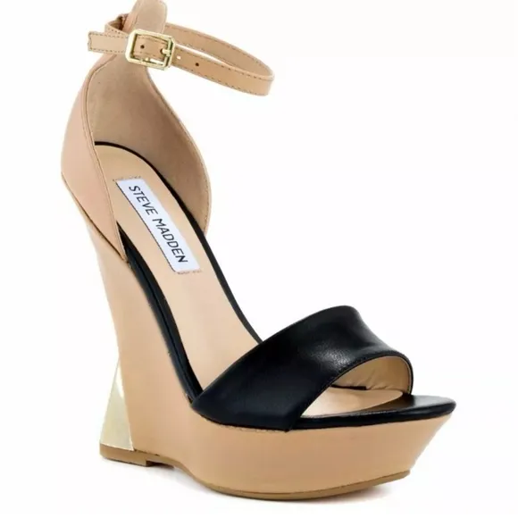 Steve Madden Beige Open-toe Wedges with Gold Heel Detail
