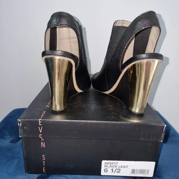 Steve Madden Black Leather Wedge with Gold Heel