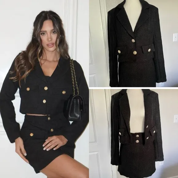 Steve Madden black tweed textured blazer &amp; mini skirt 2 piece matching set