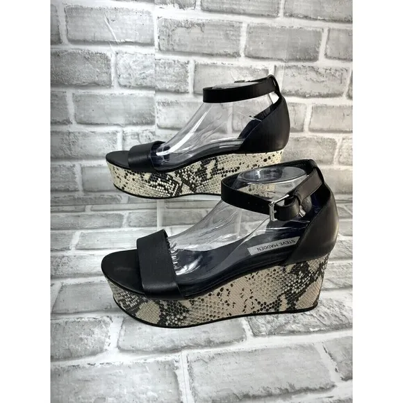 Steve Madden Kaah Women's Size 10 Black Leather and Snakeskin Platform Wedges