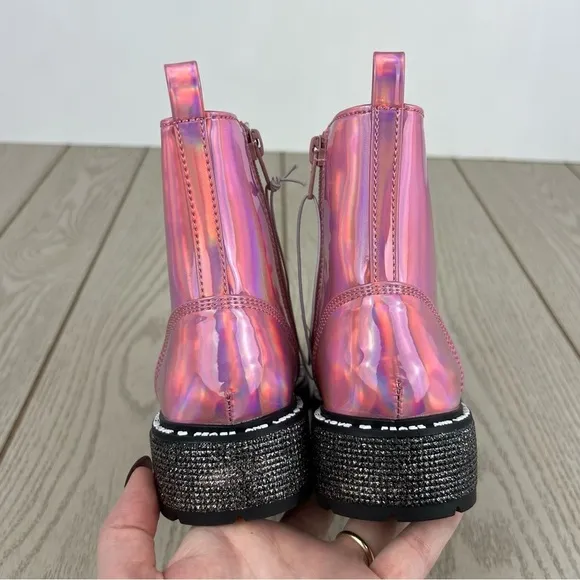 Steve Madden Little Girls JWORDLE Lace-up Combat Moto Boots Pink Metallic $60