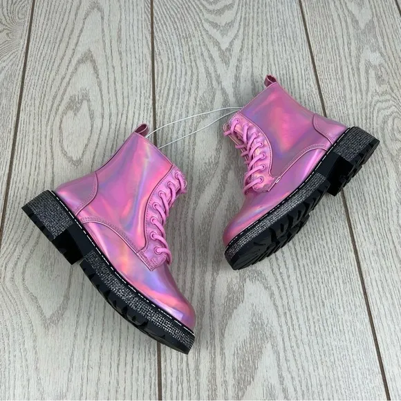 Steve Madden Little Girls JWORDLE Lace-up Combat Moto Boots Pink Metallic $60
