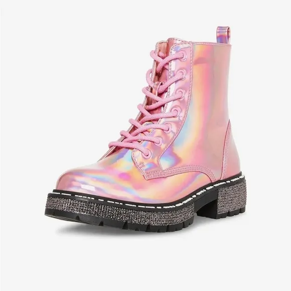 Steve Madden Little Girls JWORDLE Lace-up Combat Moto Boots Pink Metallic $60