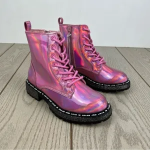 Steve Madden Little Girls JWORDLE Lace-up Combat Moto Boots Pink Metallic $60