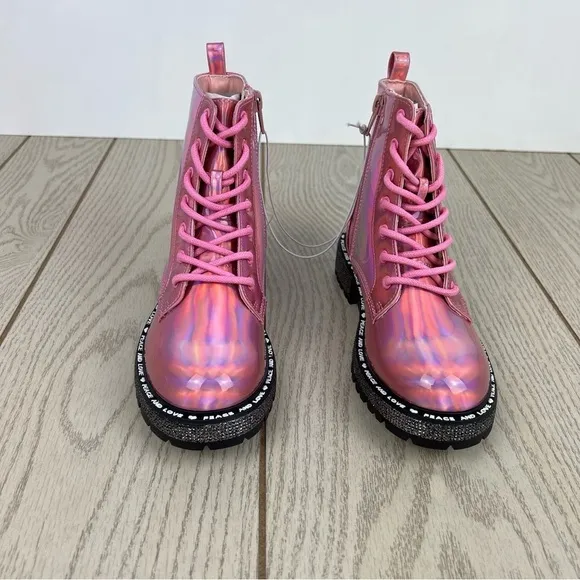 Steve Madden Little Girls JWORDLE Lace-up Combat Moto Boots Pink Metallic $60