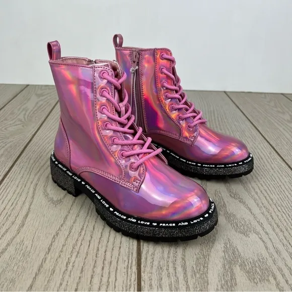 Steve Madden Little Girls JWORDLE Lace-up Combat Moto Boots Pink Metallic $60