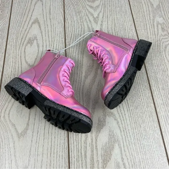 Steve Madden Little Girls JWORDLE Lace-up Combat Moto Boots Pink Metallic $60