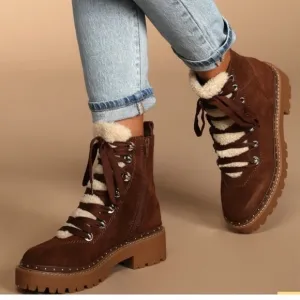 Steve Madden Rainier Cognac Suede Leather Lace-Up Platform Ankle Boots