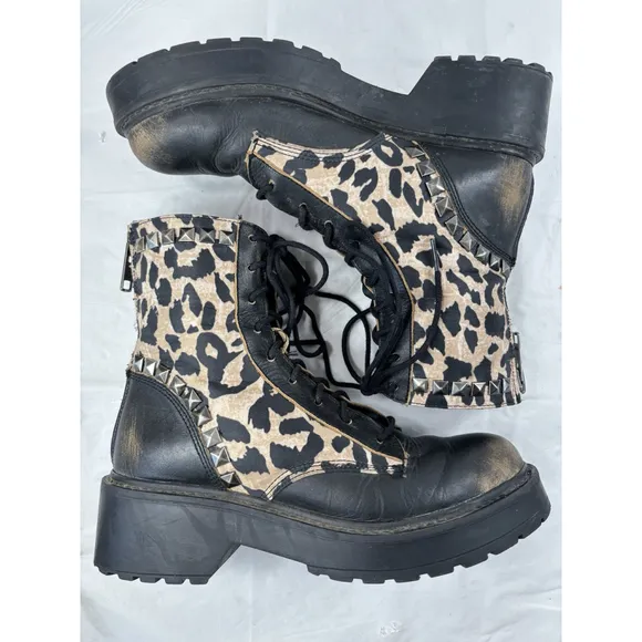 Steve Madden Trade Leopard Print Studded Combat Boots Shoes Sz 7 M