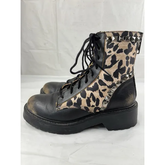 Steve Madden Trade Leopard Print Studded Combat Boots Shoes Sz 7 M