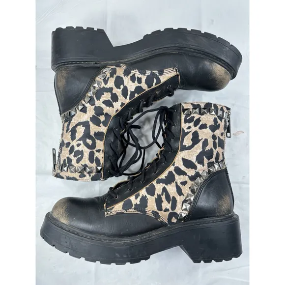 Steve Madden Trade Leopard Print Studded Combat Boots Shoes Sz 7 M