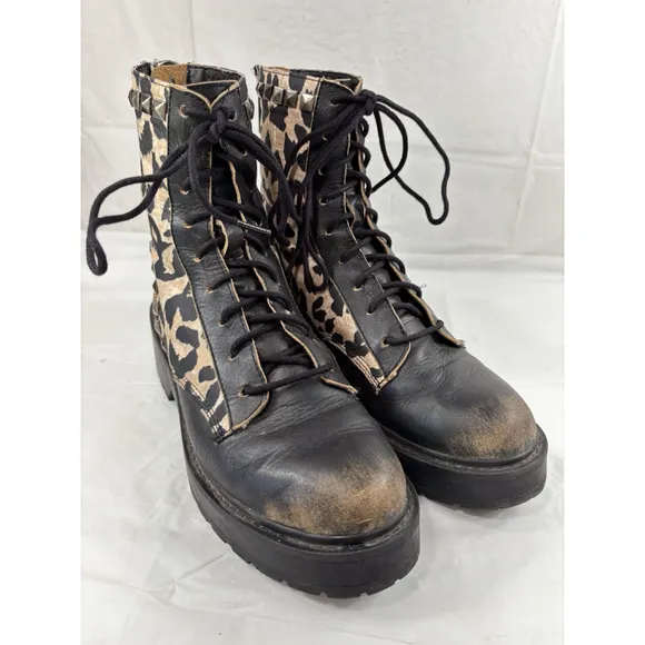 Steve Madden Trade Leopard Print Studded Combat Boots Shoes Sz 7 M
