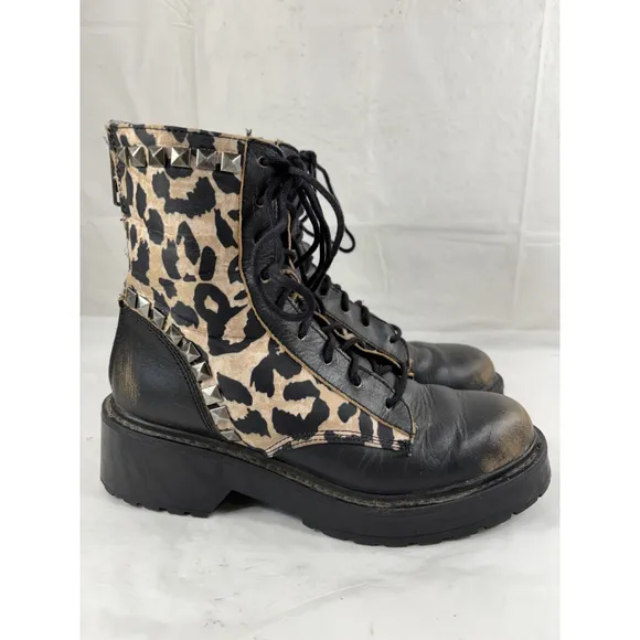 Steve Madden Trade Leopard Print Studded Combat Boots Shoes Sz 7 M