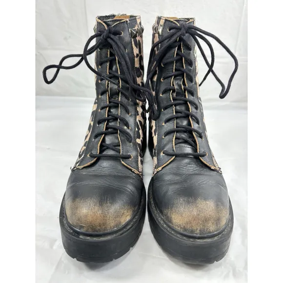 Steve Madden Trade Leopard Print Studded Combat Boots Shoes Sz 7 M