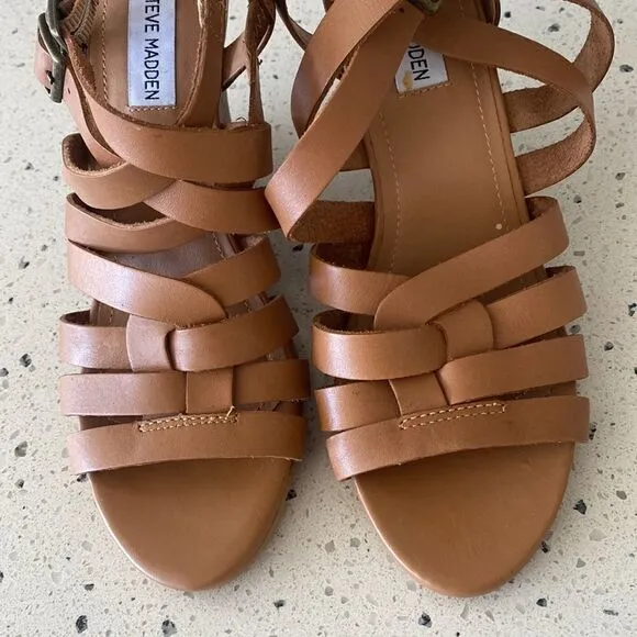 Steve Madden Venis Natural Leather Strappy Wedge Sandals Women’s Size 7.5