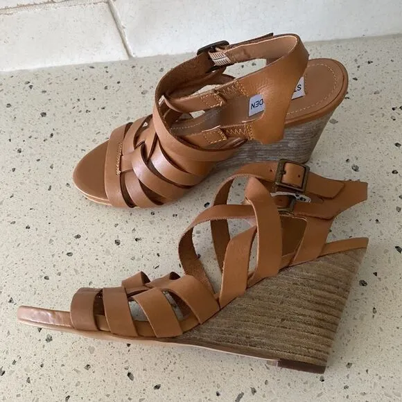 Steve Madden Venis Natural Leather Strappy Wedge Sandals Women’s Size 7.5