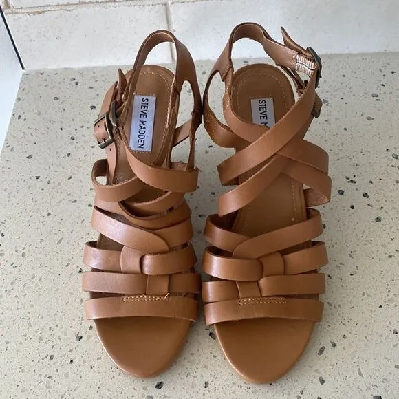 Steve Madden Venis Natural Leather Strappy Wedge Sandals Women’s Size 7.5