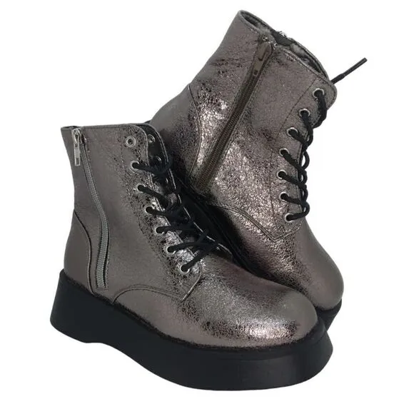 Steve Madden Womens NEW Designer Pewter Glitter Combat Boots w/Zipper - sz. 4
