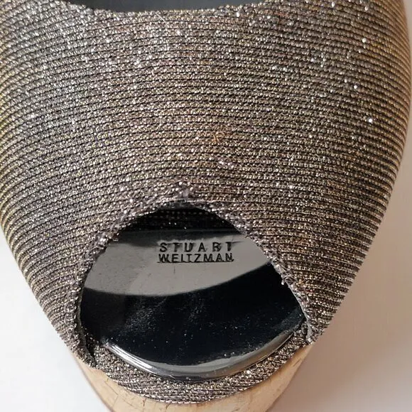 Stuart Weitzman Anna Corkswoon Peep Toe Wedges. Metallic Grey Size 8M