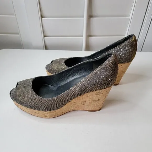 Stuart Weitzman Anna Corkswoon Peep Toe Wedges. Metallic Grey Size 8M